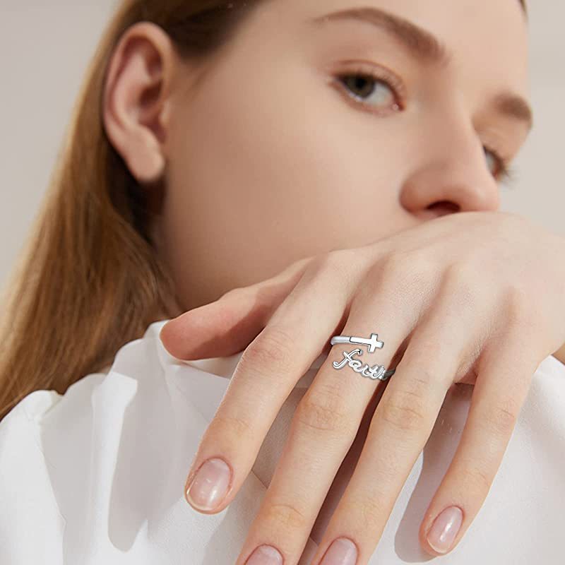 Faith Cross 925 Sterling Silver Adjustable Open Rings Open Ring