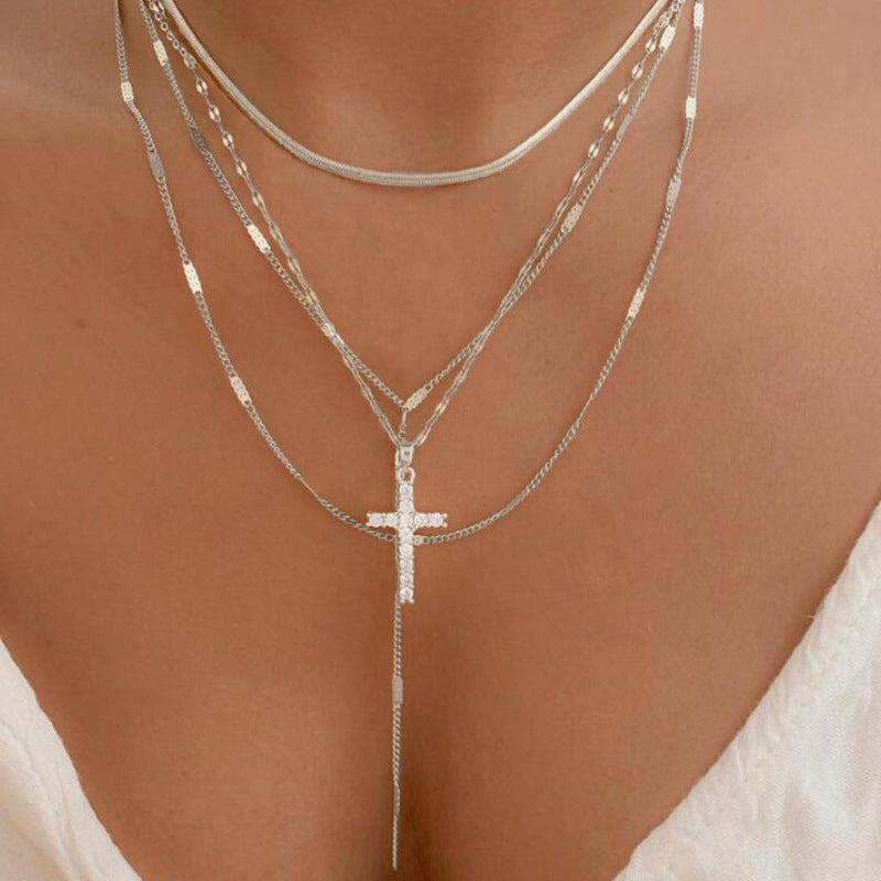 Vintage Cross Pendant Clavicle Chain Fashion Multi-layer Necklace