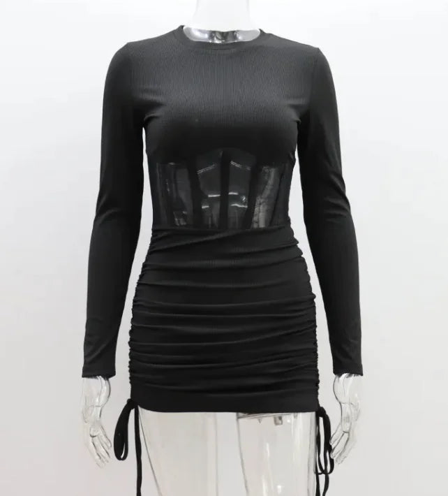 Women Pleated Long Sleeve Round Neck Dress