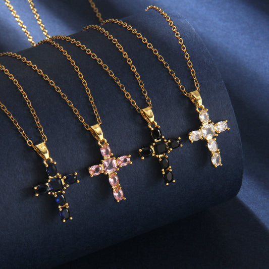 Stainless Steel Copper Fashion Luxury Clavicle Micro Inlay Cross Necklace