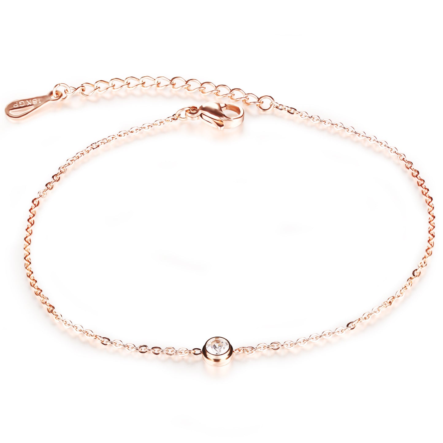 Cubic Zirconia Stainless Steel Rose Gold Chain Anklet