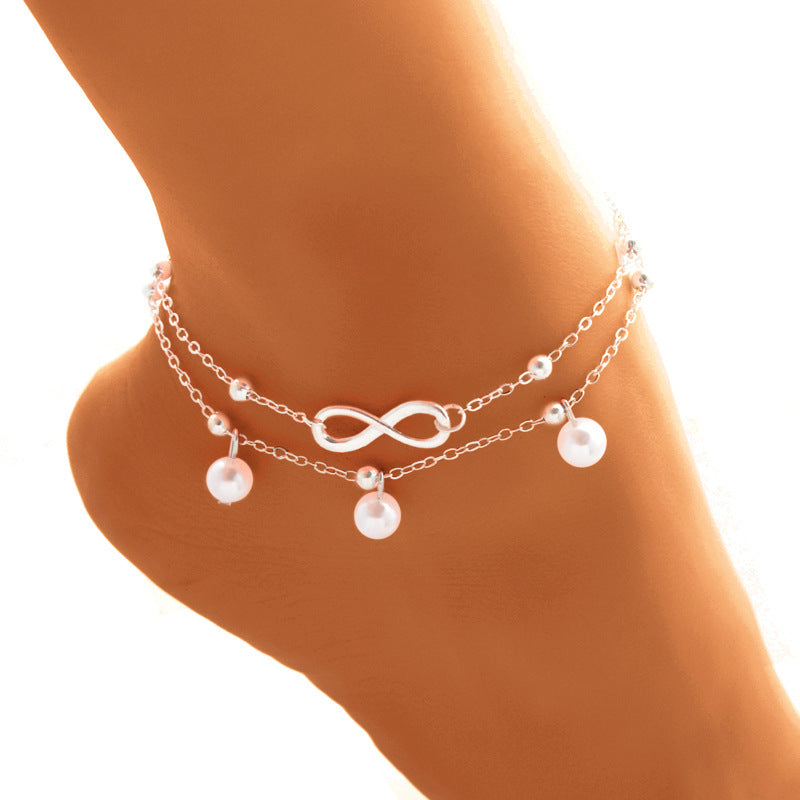 Alloy With 8-shaped Double-layer Pearls Anklet