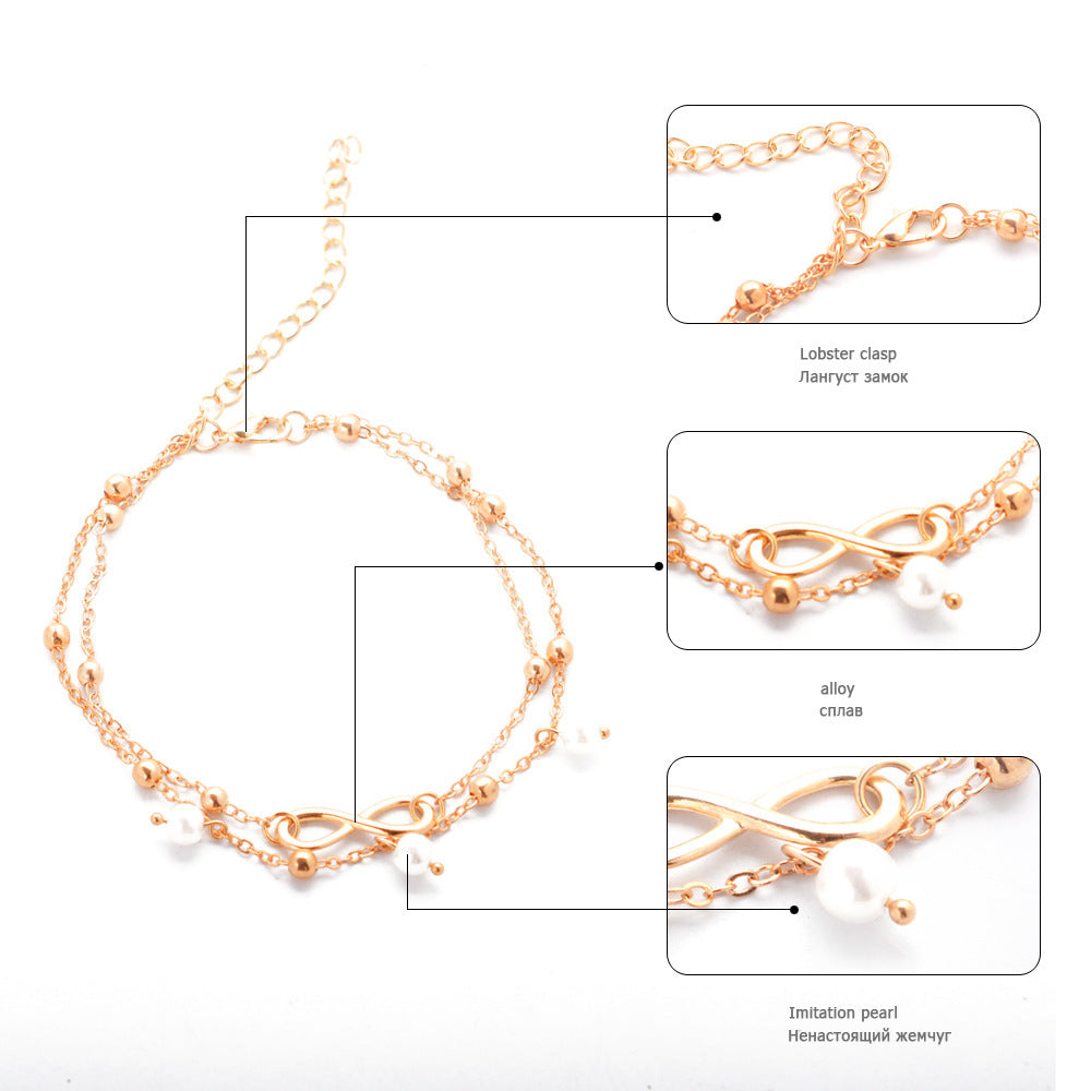 Alloy With 8-shaped Double-layer Pearls Anklet