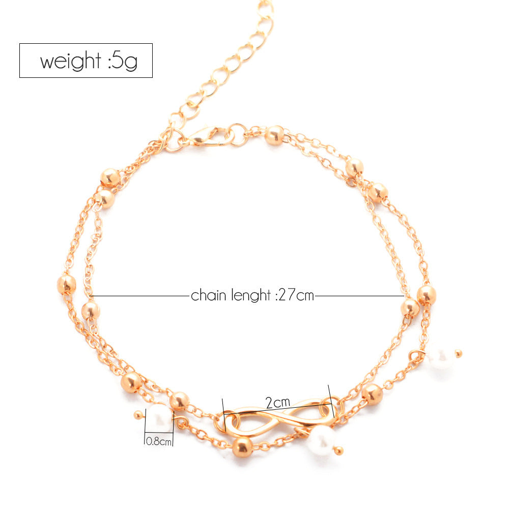 Alloy With 8-shaped Double-layer Pearls Anklet