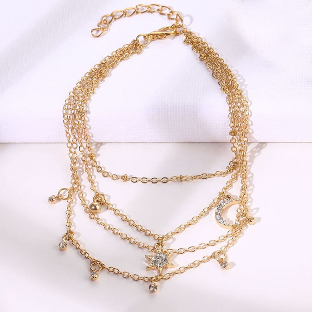 Heart Shape Diamond Cross, Stars and Moon Anklet