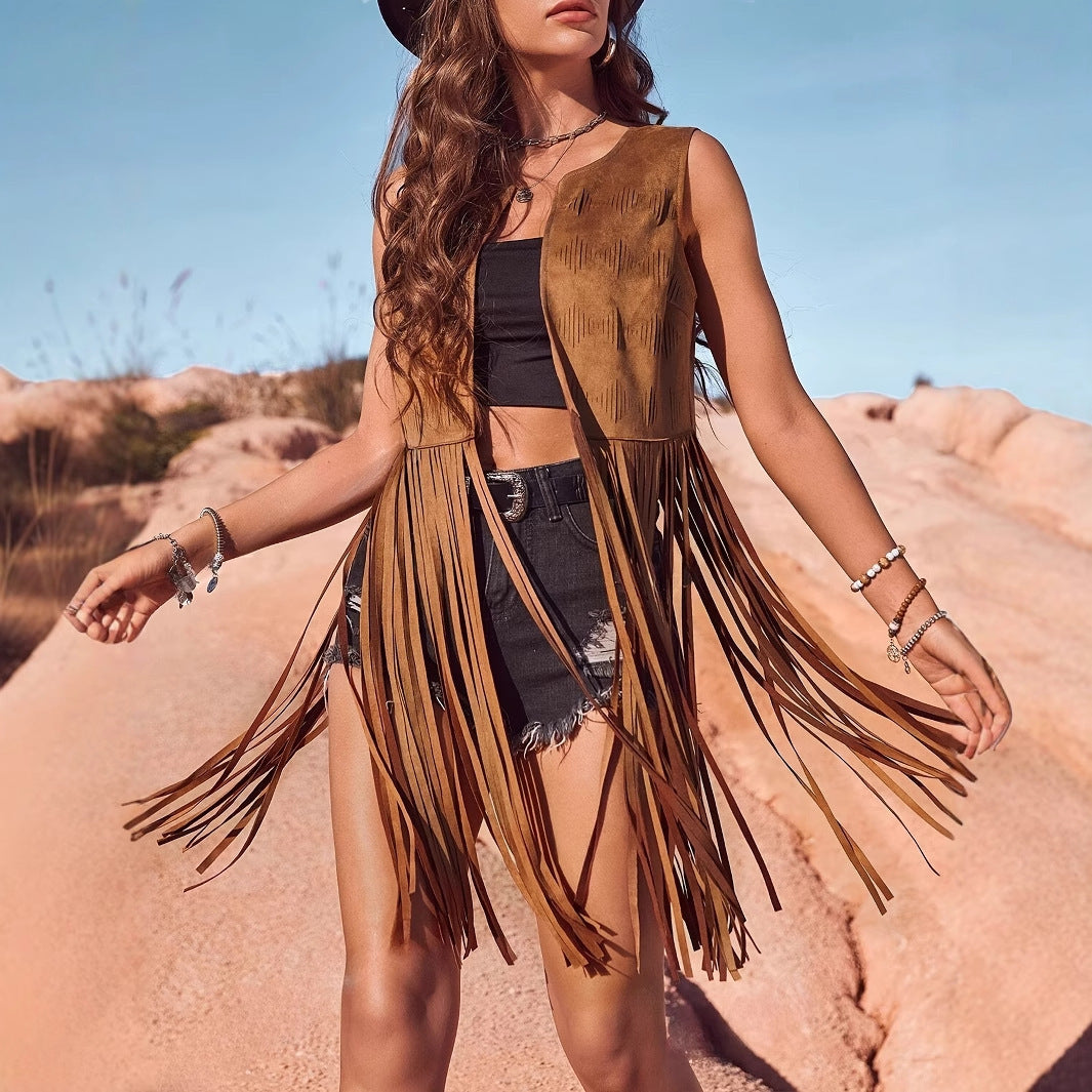 Women's Summer New Western Cowboy Style Suede Under The Skin With Fringe Hollowed Out Long Vest