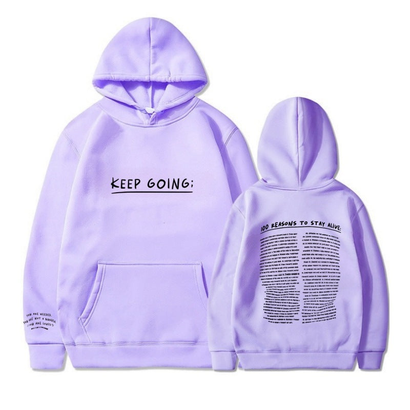 "Keep Going" Print Long-sleeved Drawstring Hooded Sweatshirt with Pockets
