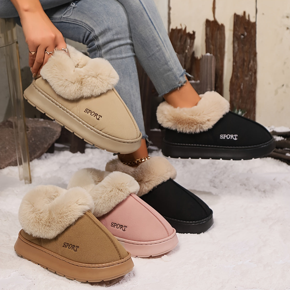 Women Cozy Faux Fur Non- Slip Platform Slipper Shoe