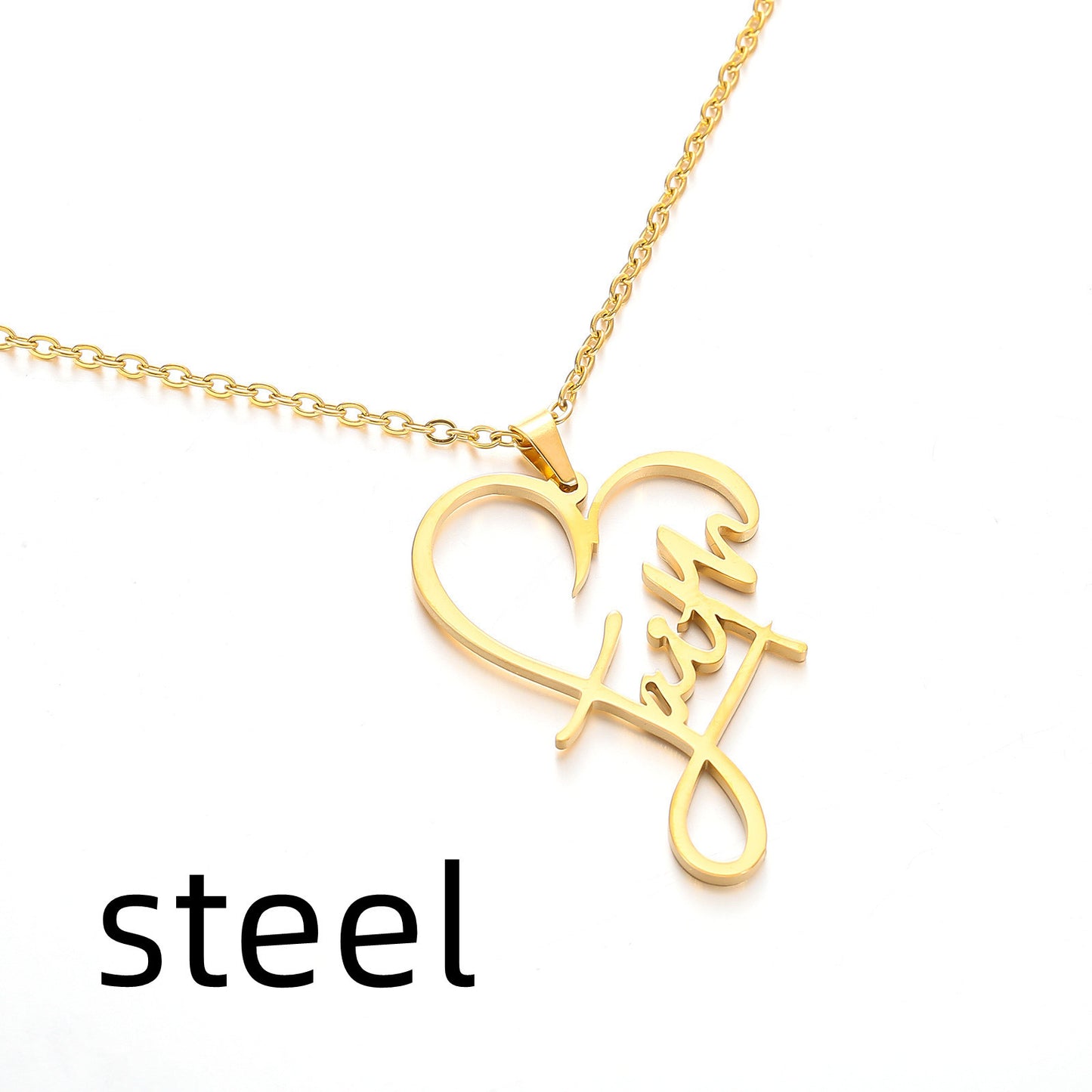 Stainless Steel Faith Peach Heart Necklace Belief English Name Gift