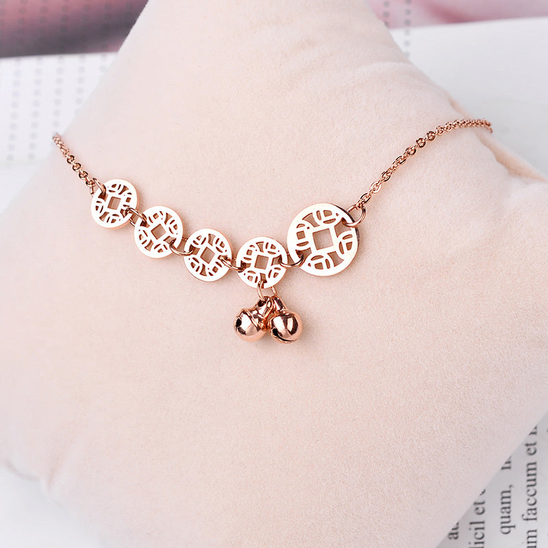 Boho Rose Gold Stainless Steel Coin and Bells Charms Anklet