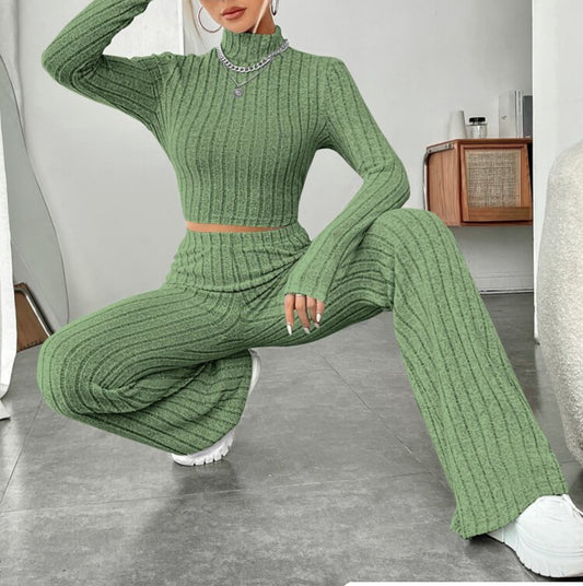 Long Sleeve Turtlenecks Wide Leg High Waist Trousers Suit Set