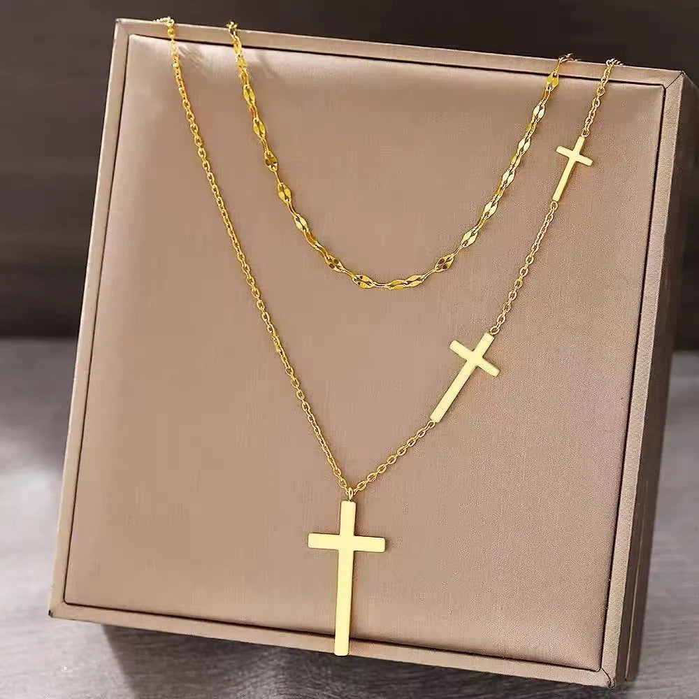 All-match Double Layer Cross Necklace