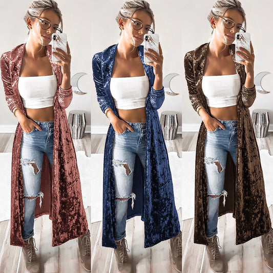 Fashion Velvet Long Coat Stitch Coat