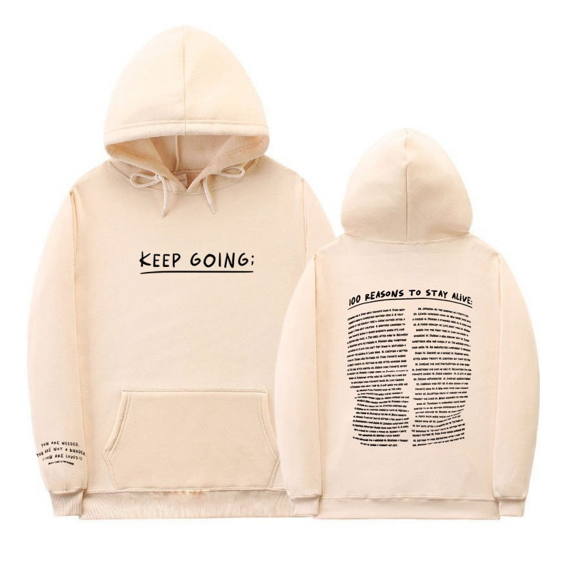 "Keep Going" Print Long-sleeved Drawstring Hooded Sweatshirt with Pockets