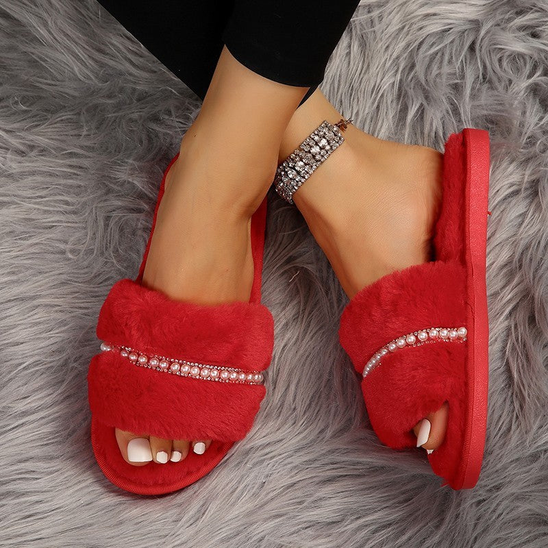 Fashion Solid Color Plush Slippers with Pearl Flat House Slippers