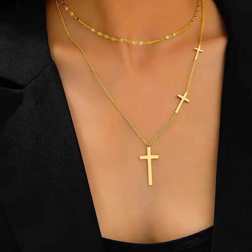 All-match Double Layer Cross Necklace