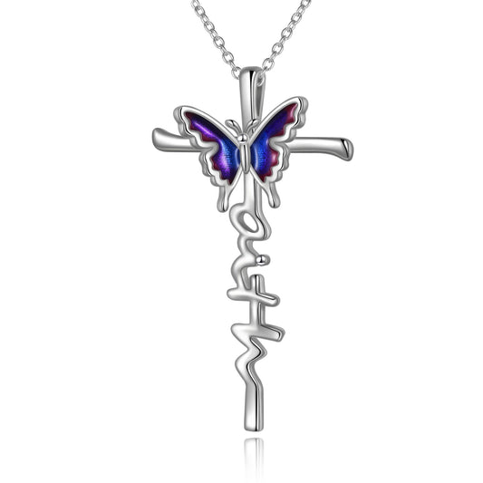 925 Sterling Silver Butterfly Cross Necklace
