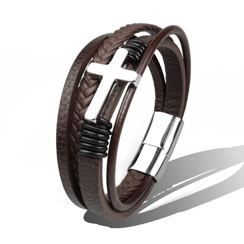 Stainless Steel Cross Leather Brown and Black Bracelet
