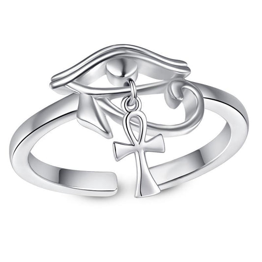 Sterling Silver Eye of Horus Ankh Cross Protection Ring