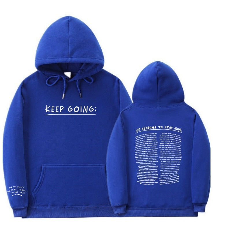 "Keep Going" Print Long-sleeved Drawstring Hooded Sweatshirt with Pockets