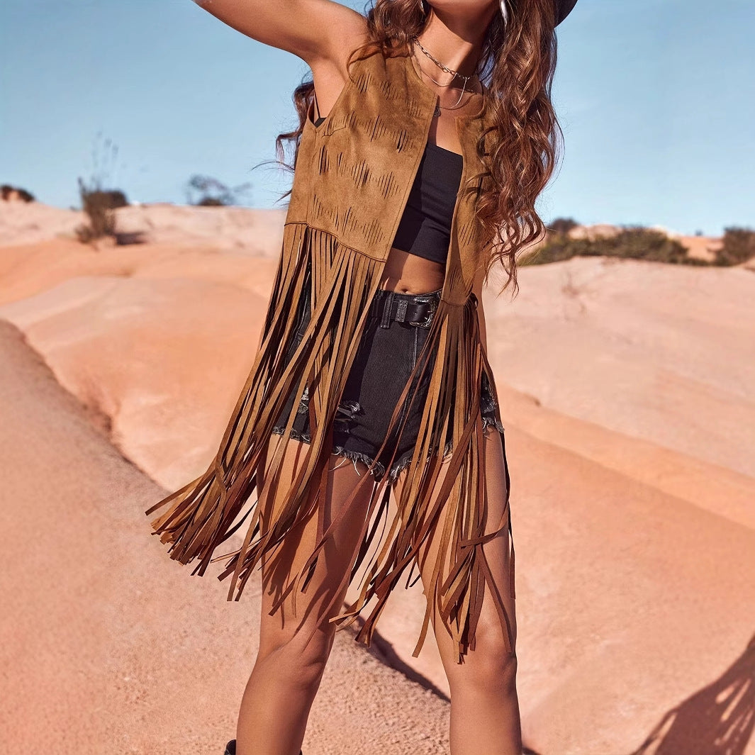 Women's Summer New Western Cowboy Style Suede Under The Skin With Fringe Hollowed Out Long Vest