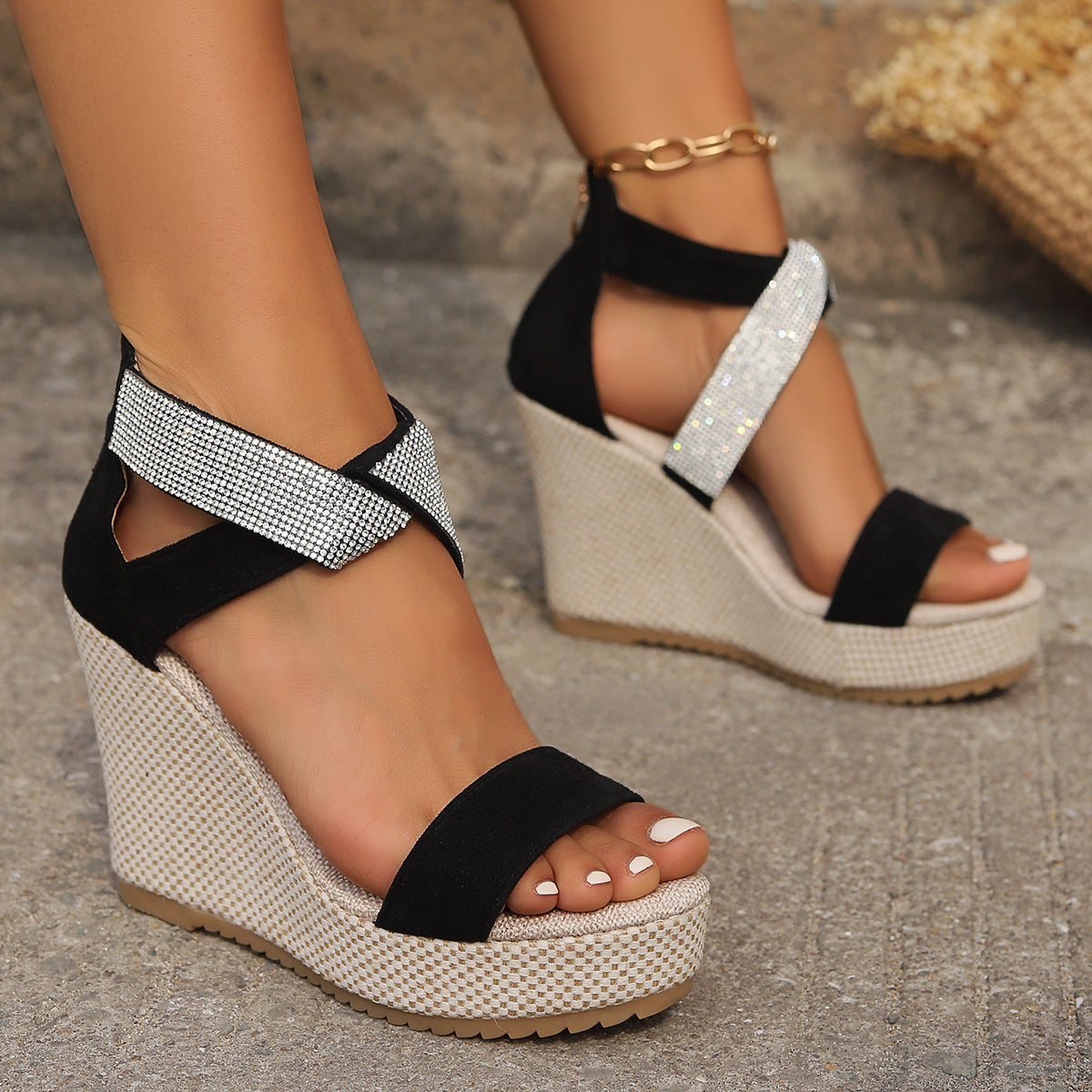 Fish Mouth High Wedges with Rhinestone Sandals