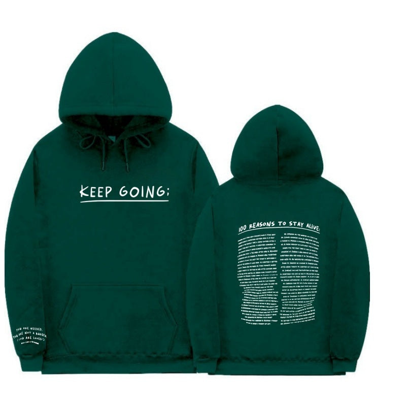 "Keep Going" Print Long-sleeved Drawstring Hooded Sweatshirt with Pockets