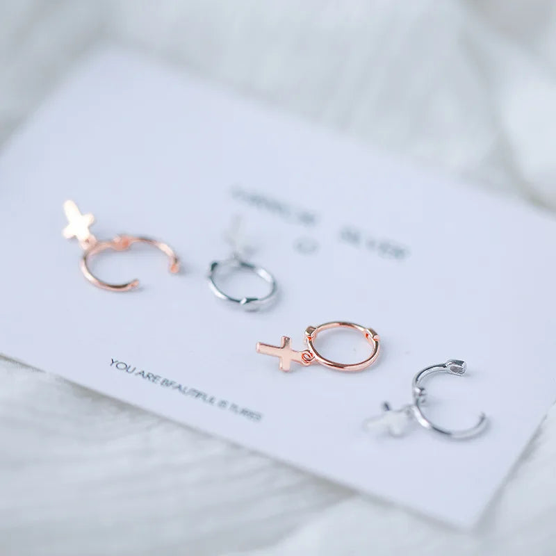 925. Fine Small Contracted Sterling Silver cross Womens Earrings