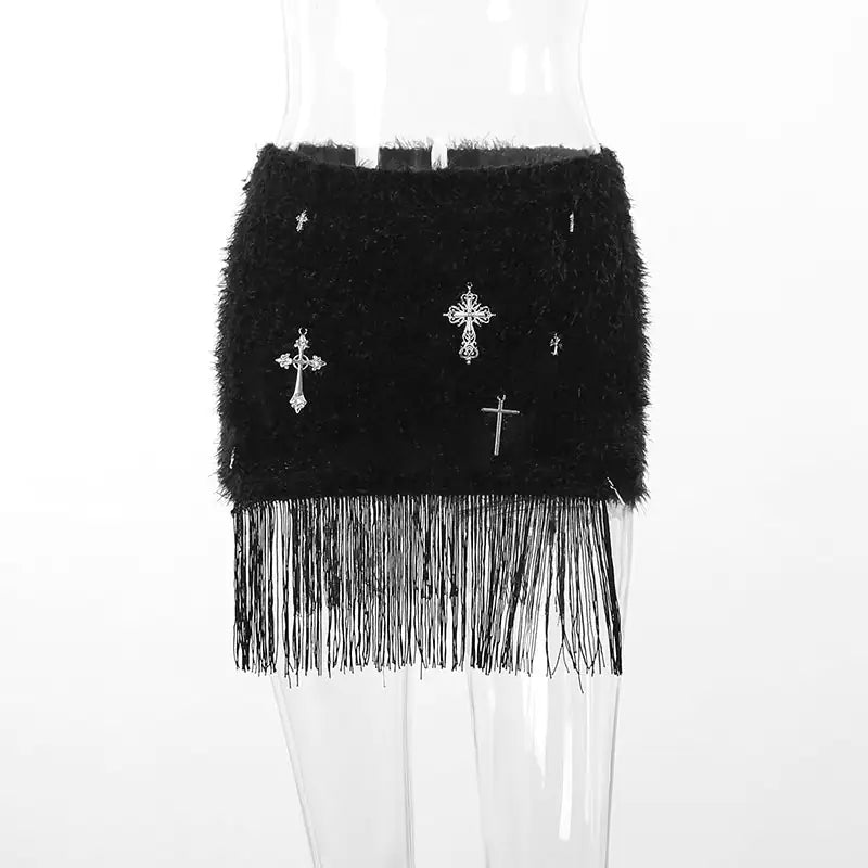 Most Sacred Fuzzy Cross Charm Mini Skirt