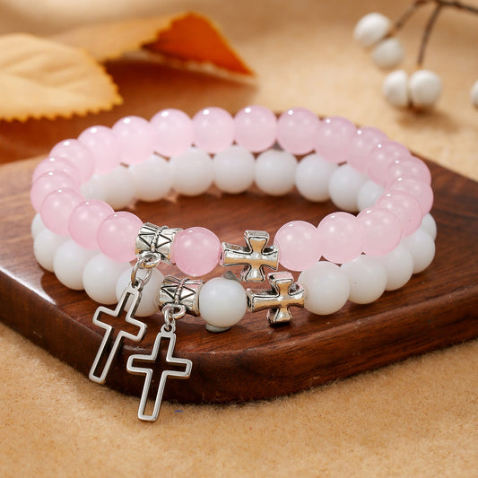 Friendship or Couple Glass Beaded Cross Bracelet