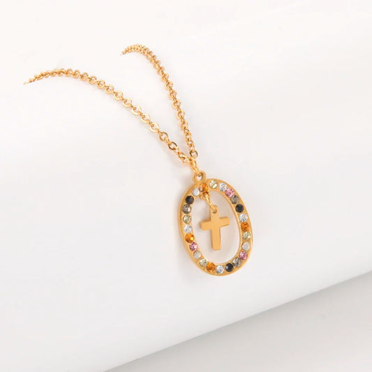 Skyrim Stainless Steel Cross Pendant Necklace with Shining Colorful Zircon Necklace