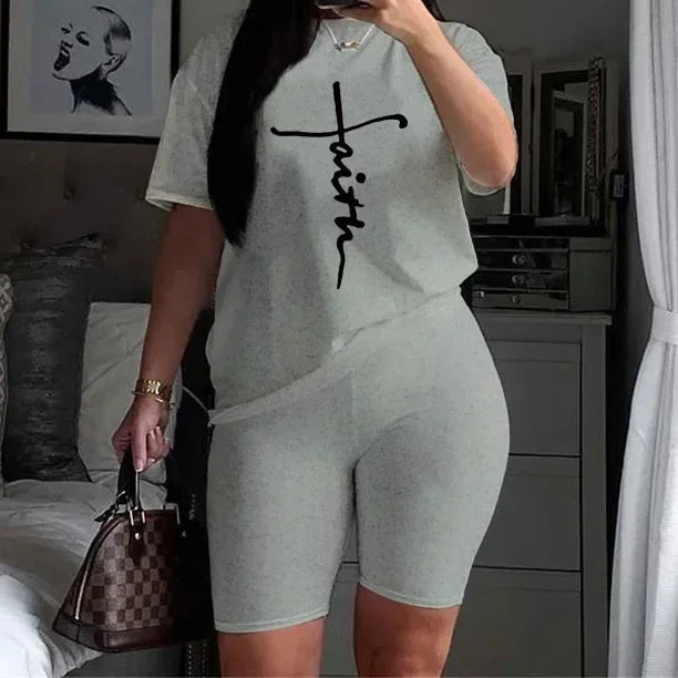 Casual Short Sleeved Top and Trousers Two Piece Faith Print Plus Size 2 Piece Set