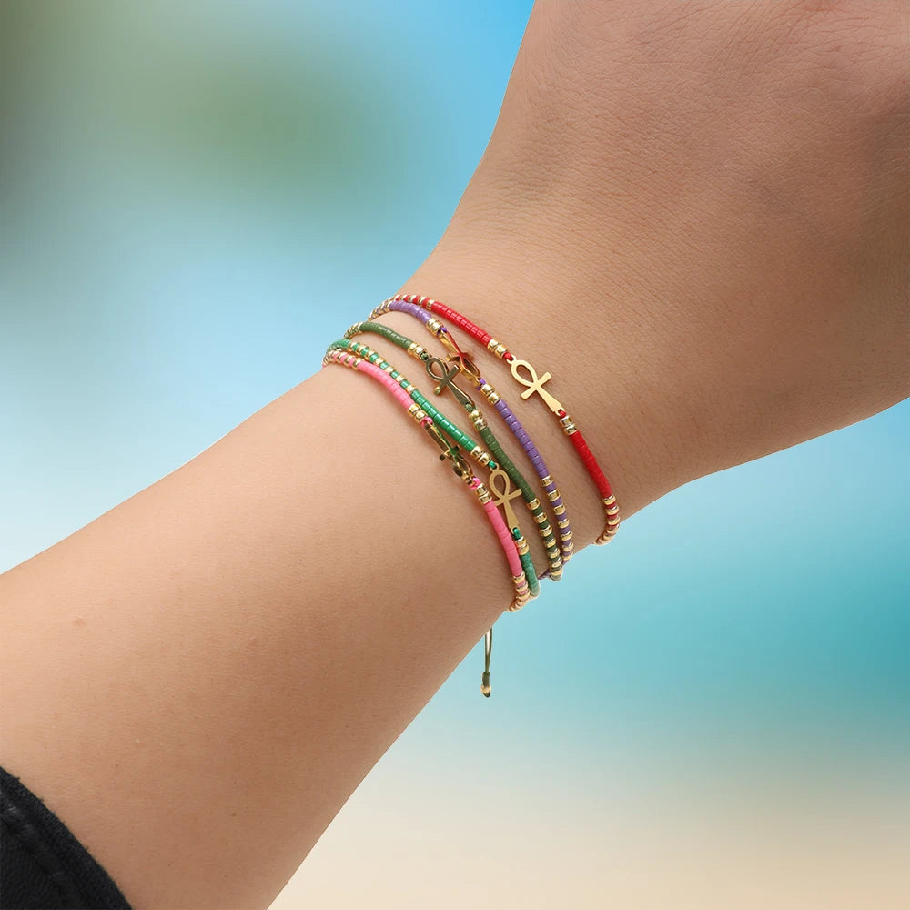 Unisex Stainless Steel Ancient Egyptian Boho Beads Ankh Egyptian Cross Amulet