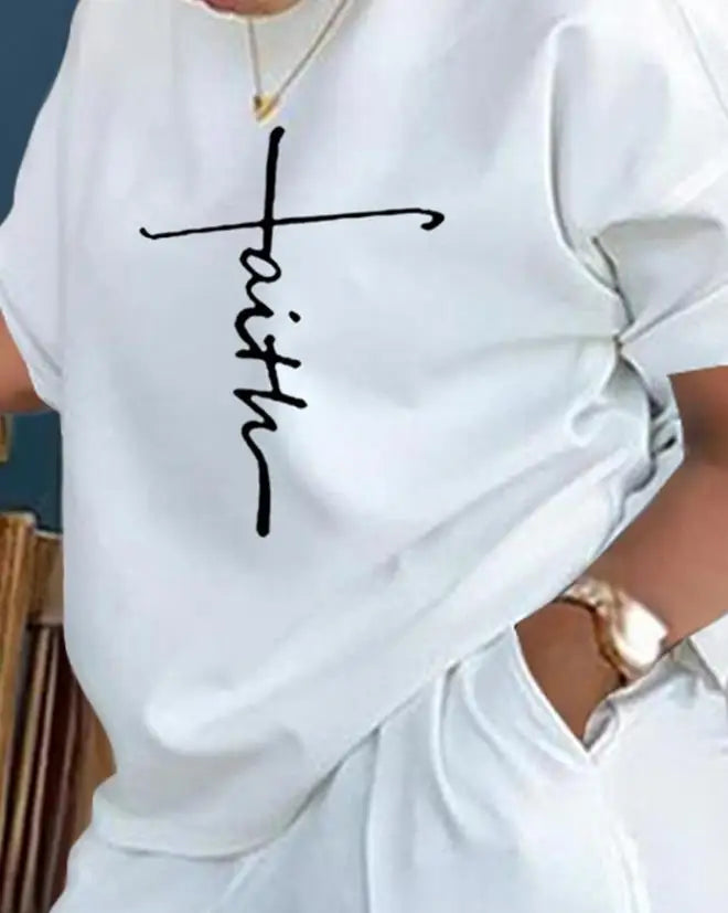 Two Piece Faith Print Ladder Cutout Casual Short Sleeve Top & Shorts Set