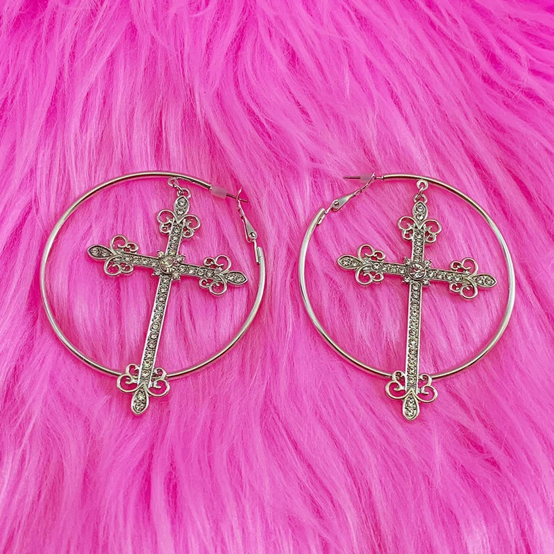 Bling Crystal Cross Hoop Earrings