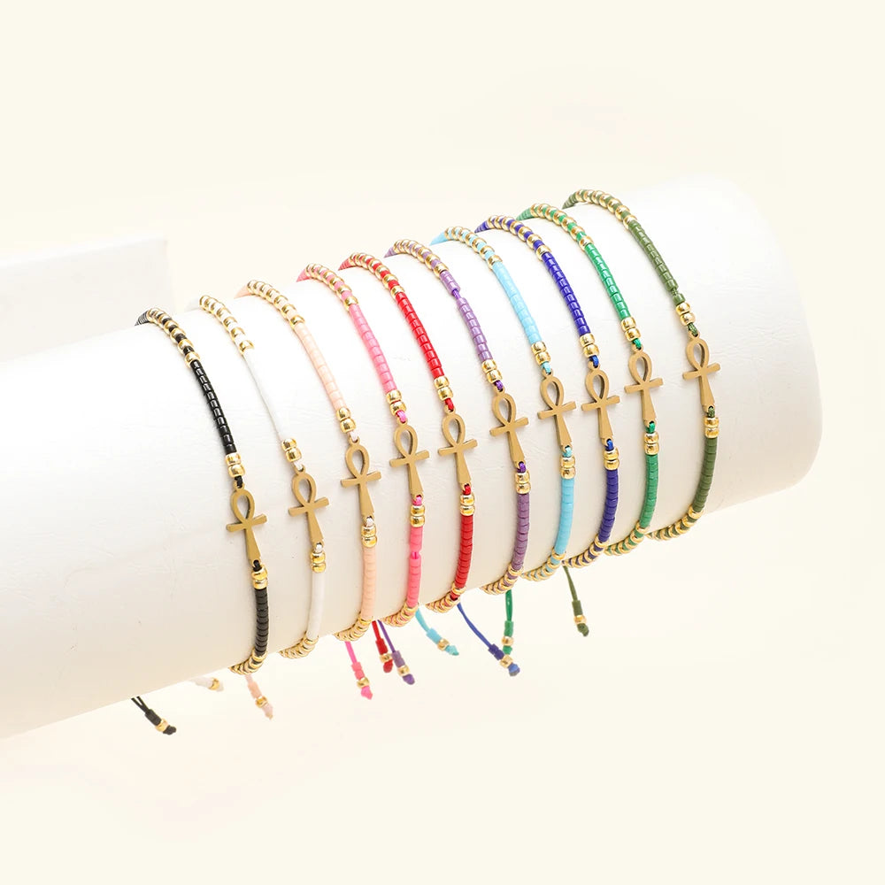 Unisex Stainless Steel Ancient Egyptian Boho Beads Ankh Egyptian Cross Amulet