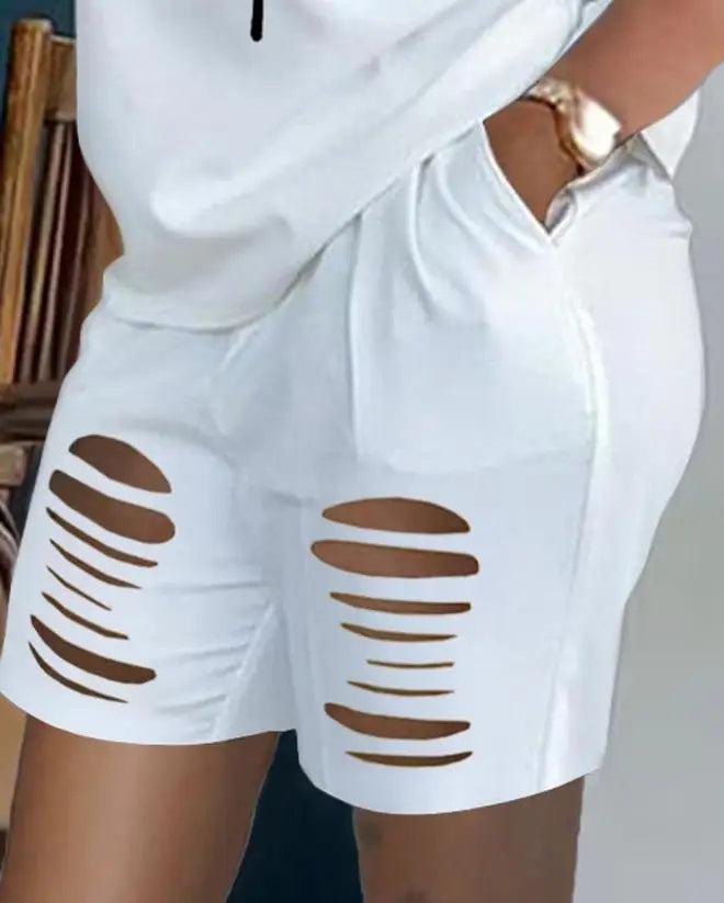 Two Piece Faith Print Ladder Cutout Casual Short Sleeve Top & Shorts Set