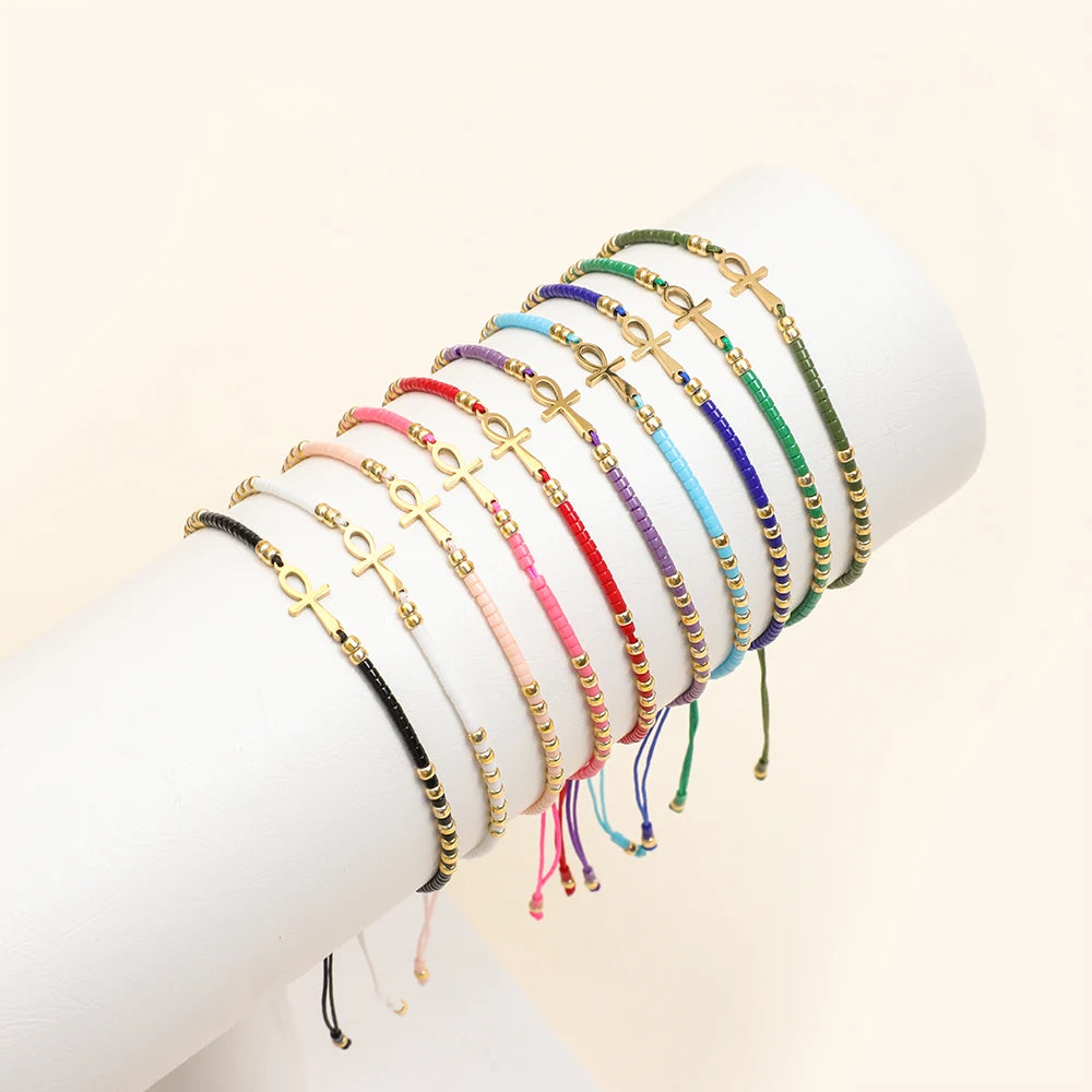 Unisex Stainless Steel Ancient Egyptian Boho Beads Ankh Egyptian Cross Amulet