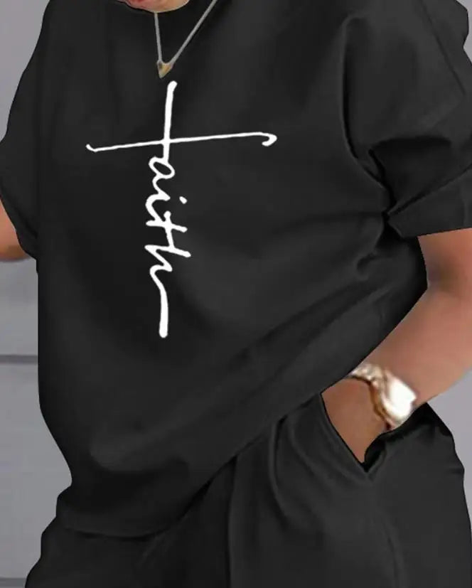 Two Piece Faith Print Ladder Cutout Casual Short Sleeve Top & Shorts Set