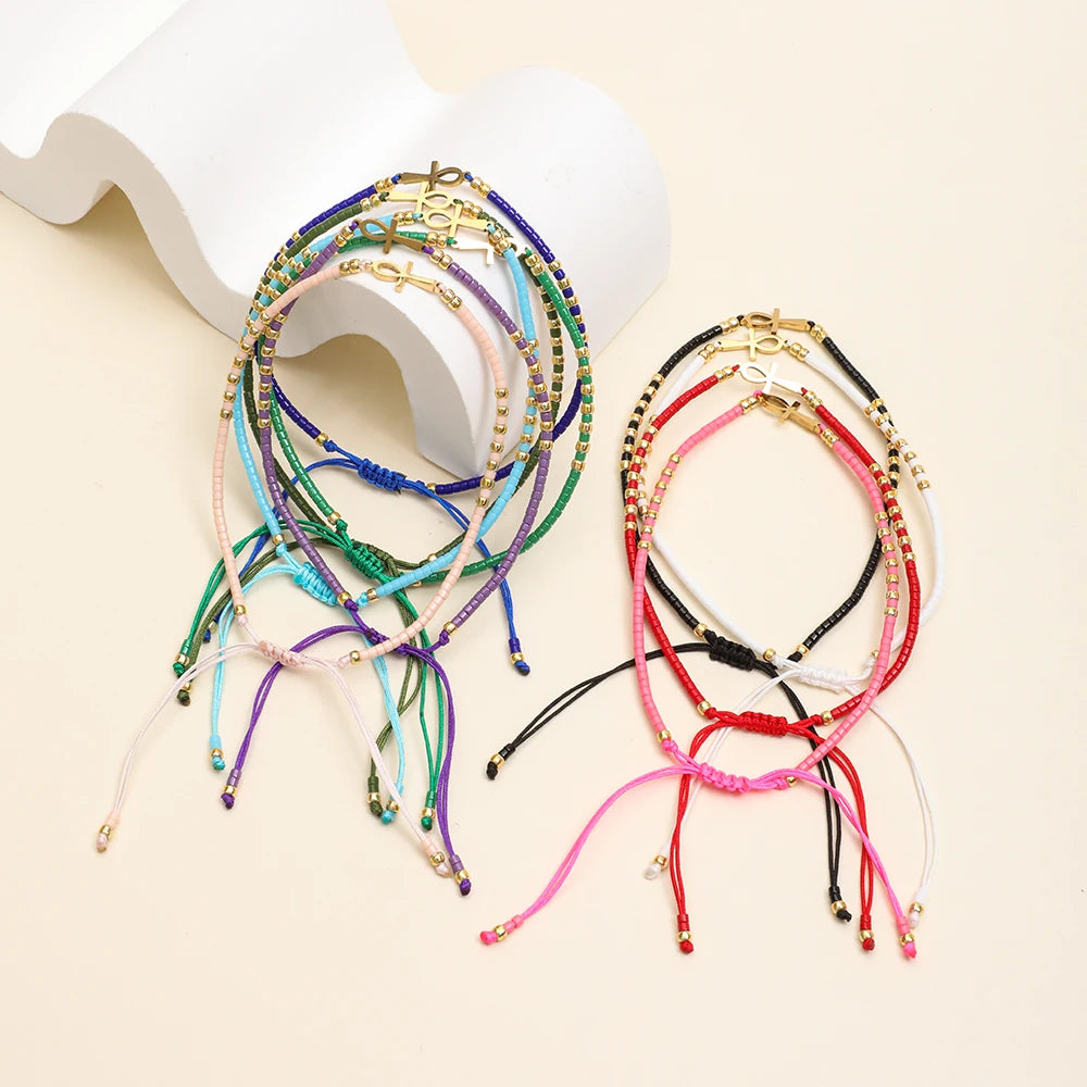 Unisex Stainless Steel Ancient Egyptian Boho Beads Ankh Egyptian Cross Amulet