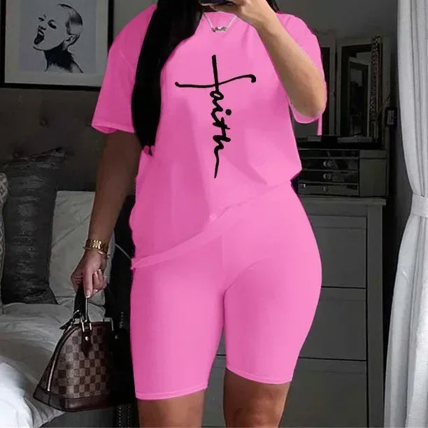Casual Short Sleeved Top and Trousers Two Piece Faith Print Plus Size 2 Piece Set