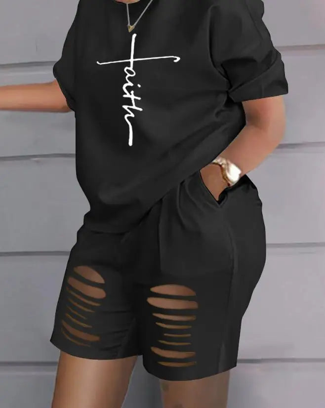 Two Piece Faith Print Ladder Cutout Casual Short Sleeve Top & Shorts Set