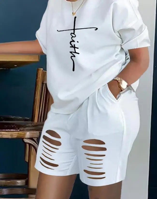 Two Piece Faith Print Ladder Cutout Casual Short Sleeve Top & Shorts Set