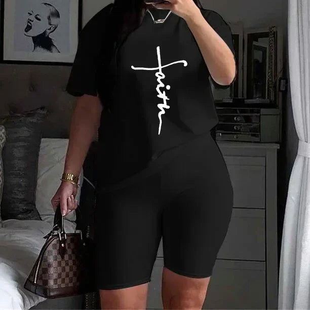 Casual Short Sleeved Top and Trousers Two Piece Faith Print Plus Size 2 Piece Set