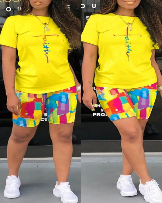 Faith Melting All Over Print Casual Top & Shorts Set