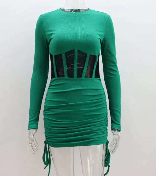 Women Pleated Long Sleeve Round Neck Dress
