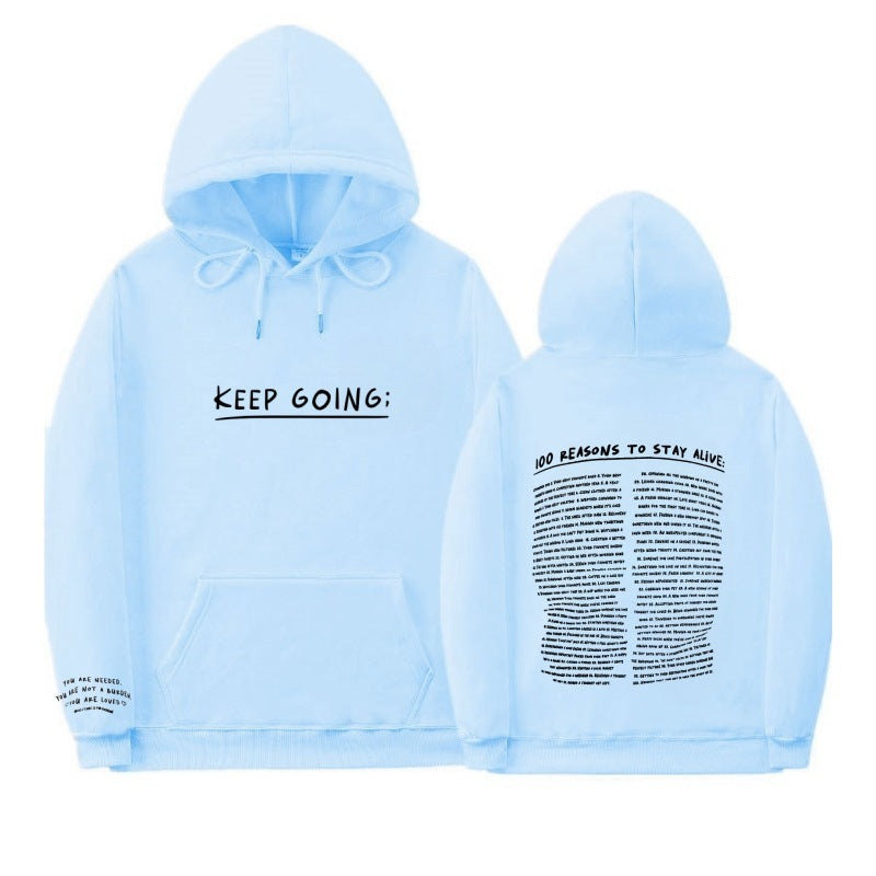 "Keep Going" Print Long-sleeved Drawstring Hooded Sweatshirt with Pockets