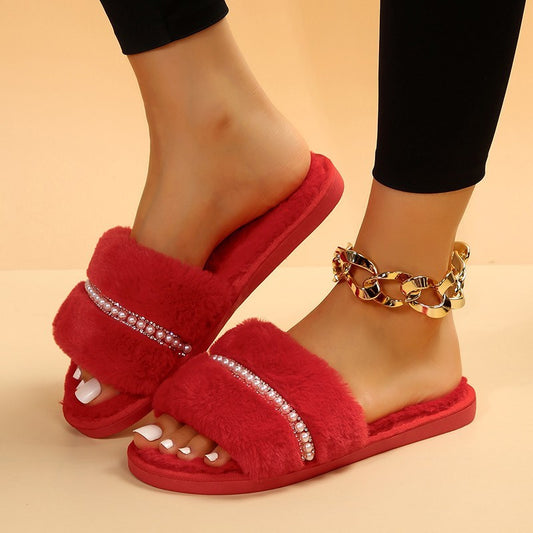 Fashion Solid Color Plush Slippers with Pearl Flat House Slippers