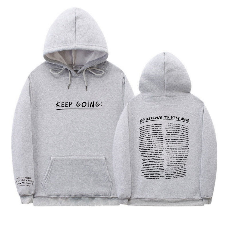 "Keep Going" Print Long-sleeved Drawstring Hooded Sweatshirt with Pockets