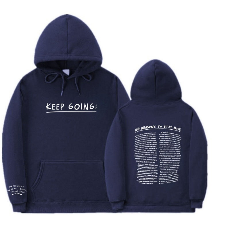 "Keep Going" Print Long-sleeved Drawstring Hooded Sweatshirt with Pockets